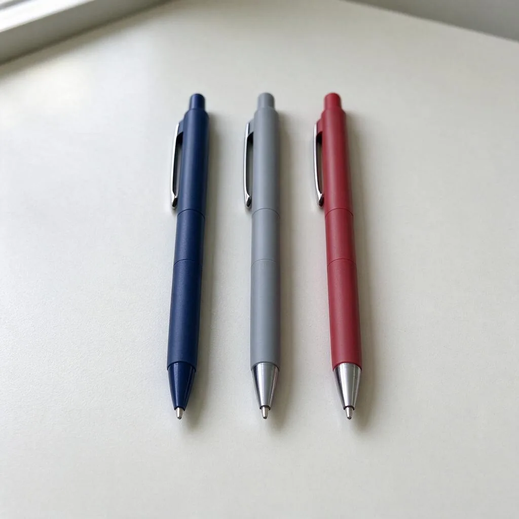 Ilustración de bolígrafos en tonos azul marino, gris y rojo dispuestos en fila sobre una mesa clara