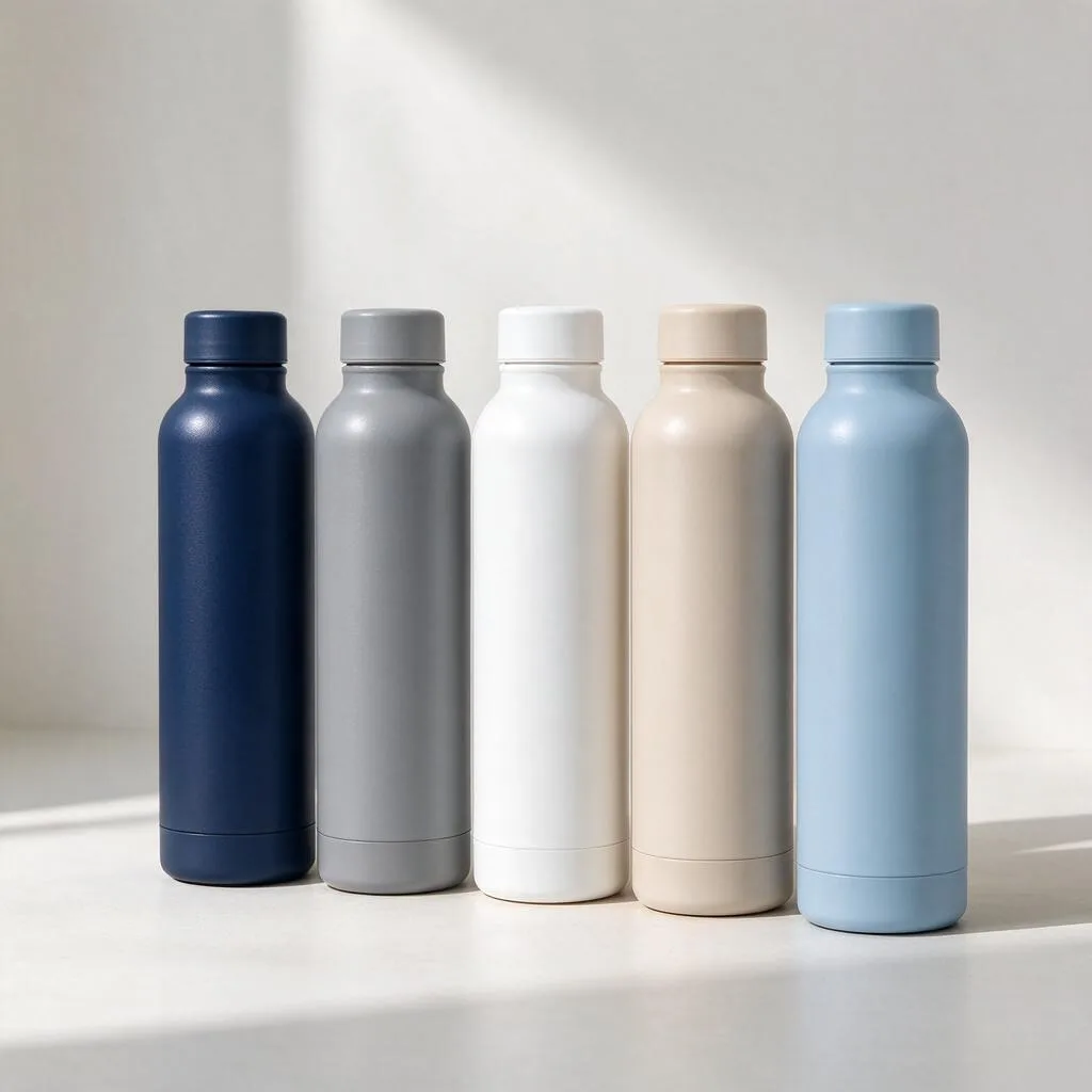 Ilustración de botellas de agua lisas en tonos neutros sobre una superficie clara