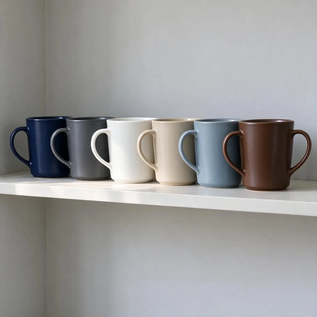Illustration of plain coffee mugs in muted tones on a pale shelf