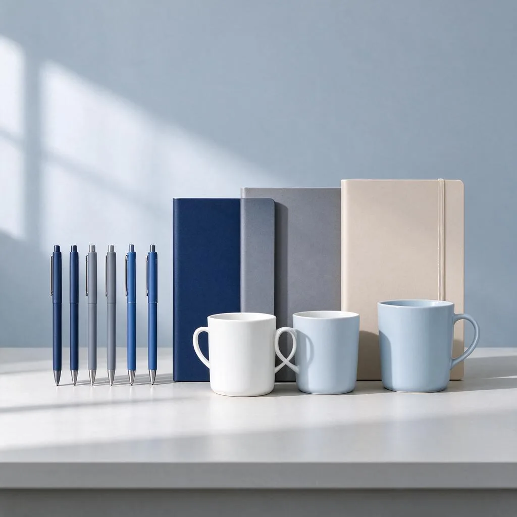 Ilustración de una mesa de exposición ordenada con bolígrafos, tazas y cuadernos dispuestos en fila