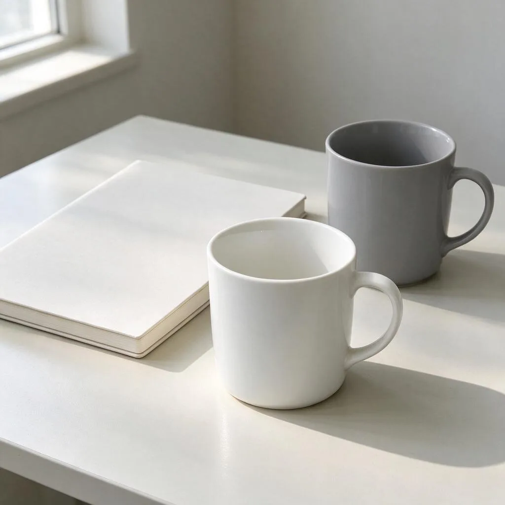 Illustration of plain mugs and a blank notebook on a pale table