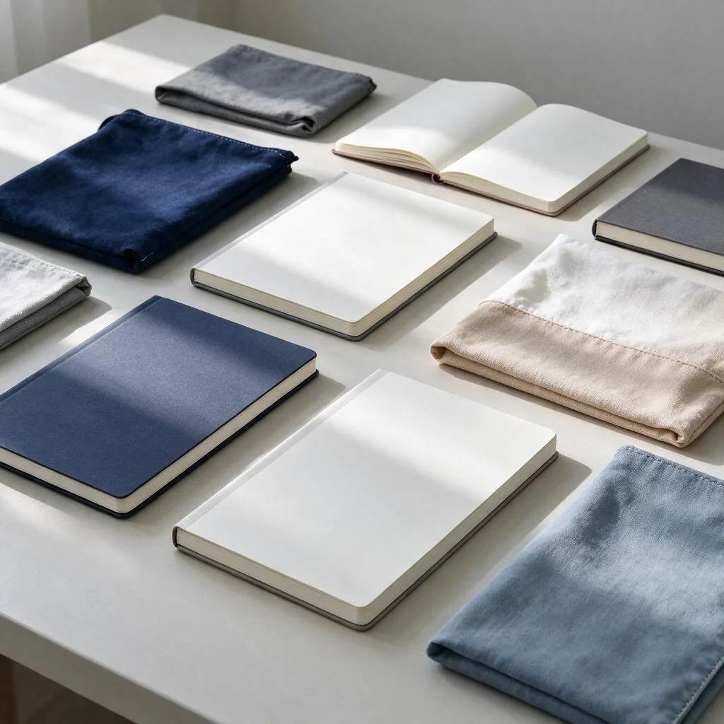Ilustración de cuadernos y bolsas de tela plegadas dispuestas sobre una mesa clara