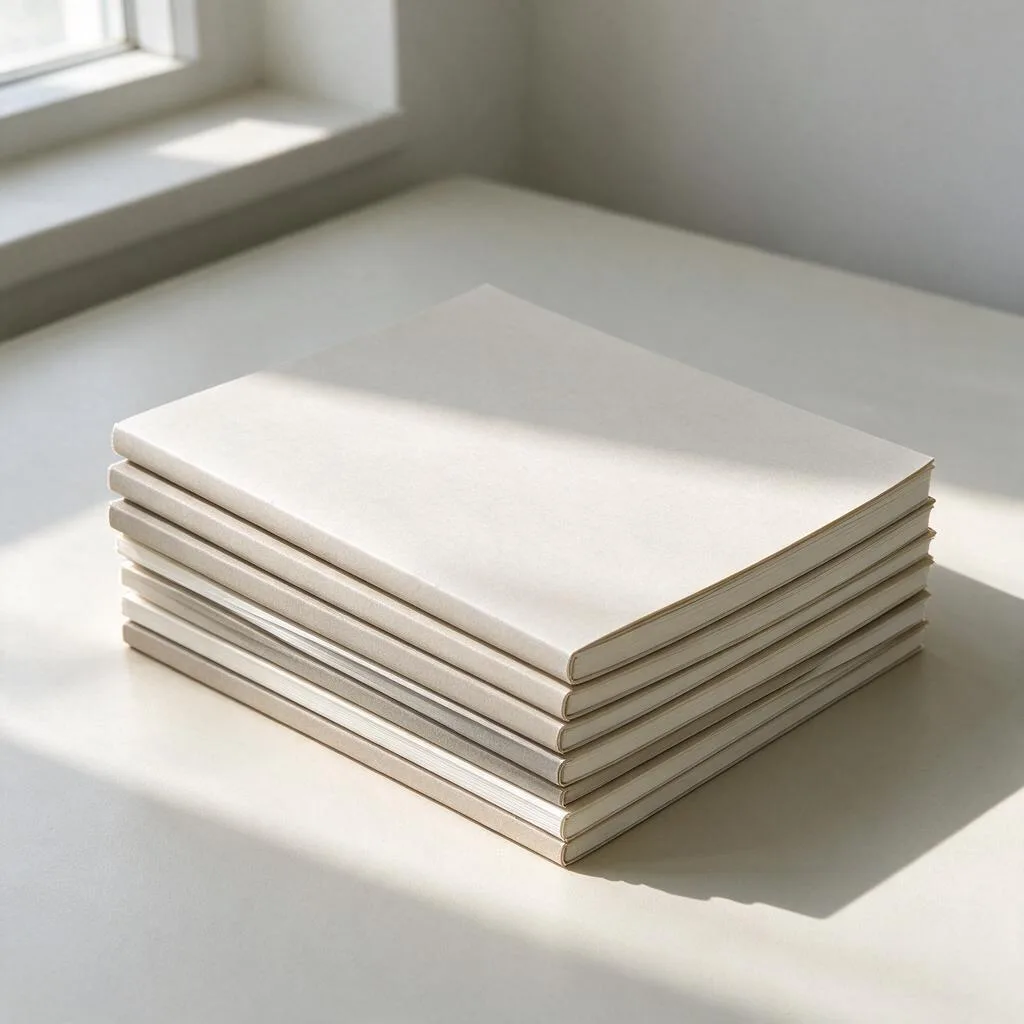 Illustration of a stack of plain notebooks with blank covers on a desk