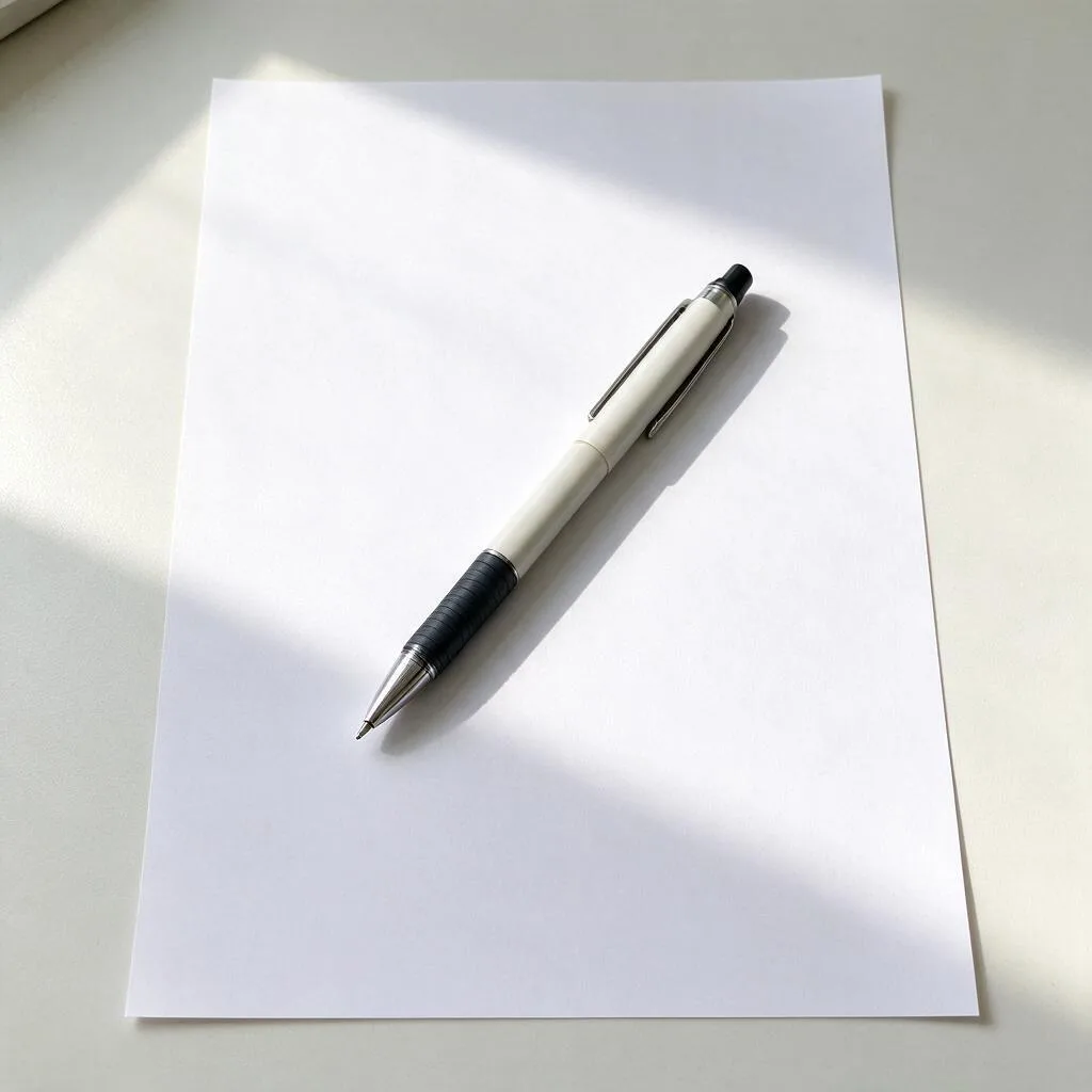 Ilustração de uma caneta sobre uma folha de papel em branco numa secretária