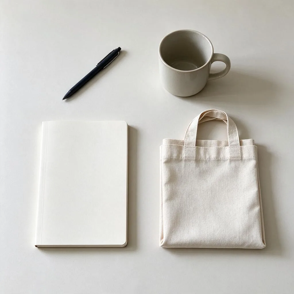Illustration of a pen, a mug, a notebook and a folded fabric bag arranged on a pale surface