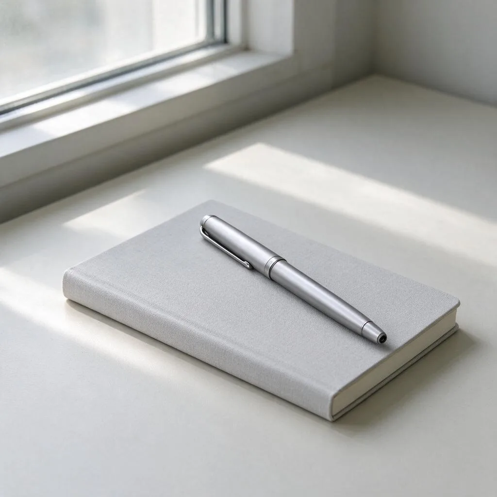 Illustration of a pen and a notebook on a desk beside a window