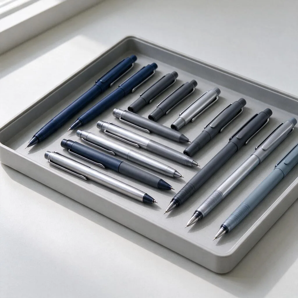 Illustration of a tray of pens in navy and grey tones on a pale table
