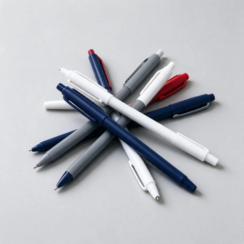 Illustration of plastic pens in navy, grey, white and red tones arranged on a pale surface
