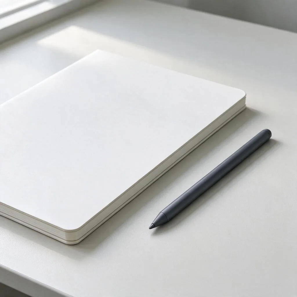 Ilustración de un lápiz táctil delgado junto a un cuaderno en blanco sobre un escritorio claro